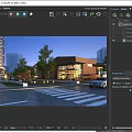 Vibrant Commercial Street With Modern Glass Buildings Trees Pedestrians And Night Lighting