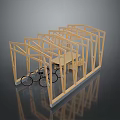 Wooden Building Frame Model Interior With Bicycles And Detailed Structure