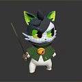 Adorable Gray Cartoon Cat Character With Green Ears Yellow Eyes Green Cape and Stick