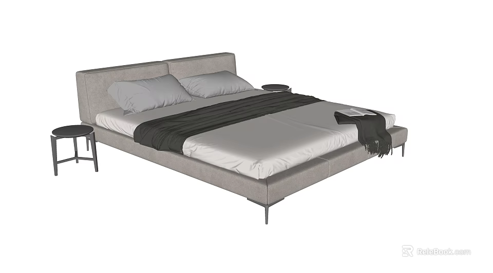 Modern Double Bed Design With Gray Upholstered Headboard White And Gray Bedding And Side Tables 3d model 