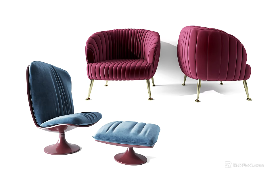 Modern Single Sofa in Blue Red Velvet with Gold Metal Legs and Ottoman 3d model 