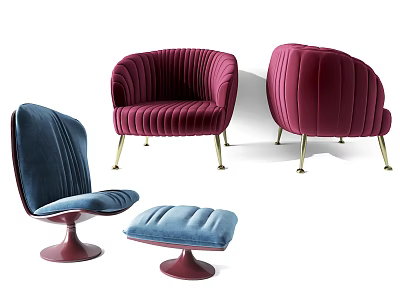 Modern Single Sofa in Blue Red Velvet with Gold Metal Legs and Ottoman 3d model