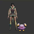 Woman with long hair in casual outfit and arm accessories standing beside pink cute creature