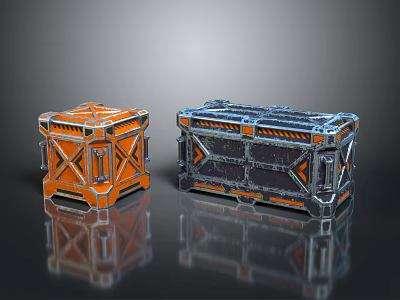 Industrial Metal Storage Crates With Orange And Blue Design And Reinforced Panels 3d model
