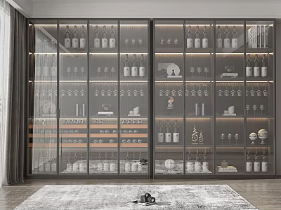 Modern Glass Door Wine Cabinet With Wine Bottles Wine Glasses And Decorative Items 3d model