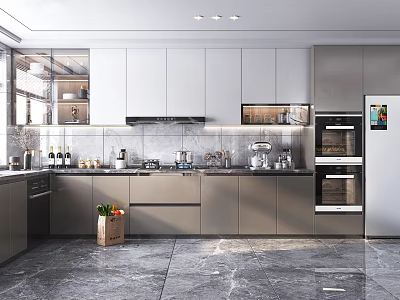 Modern Open Kitchen Interior Design With White Grey Cabinets Marble Countertops And Appliances 3d model