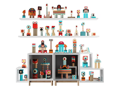 Colorful Building Blocks Robot Models Displayed On Shelves And Cabinets 3d model