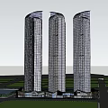 Modern Illuminated Tall Buildings At Night With Waterfront And Palm Trees