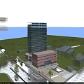 Modern High Rise Office Building With Glass Facade Surrounding Low Rise Structure And Parking Area