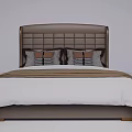 Modern Double Bed With Leather Tufted Headboard White Bedspread Brown Throw And Pillows 3d model