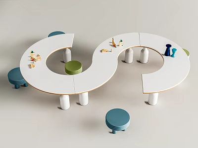 White Curved Kids Dining Table Set With Blue Green Stools And Small Toys 3d model