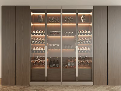Modern Wine Cabinet With Glass Doors LED Lighting And Wine Bottles 3d model