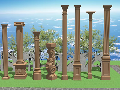 Different Styles Of Decorative Roman Columns With Carvings In Outdoor Garden 3d model
