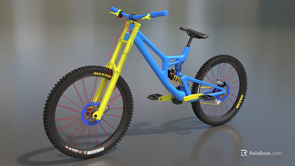 Blue and Yellow Downhill Mountain Bike With Large Tires Blue Frame Yellow Fork 3d model 