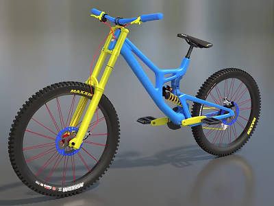 Blue and Yellow Downhill Mountain Bike With Large Tires Blue Frame Yellow Fork 3d model