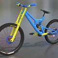 Blue and Yellow Downhill Mountain Bike With Large Tires Blue Frame Yellow Fork