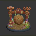 Decorative Wooden Household Ornament With Circular Gong And Carved Pillars On Blue Base