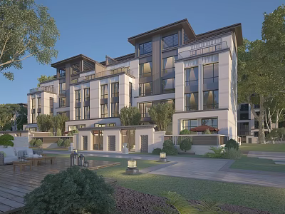 Modern Townhouse Exterior Architecture With Multi Story Stone Facade Large Windows And Landscaped Greenery 3d model