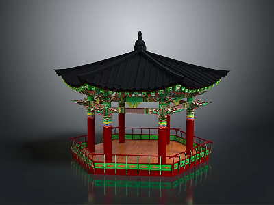 Traditional East Asian Pavilion Architecture With Black Roof Red Columns And Colorful Carvings 3d model