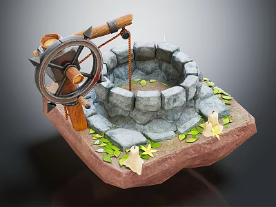 Traditional Garden Ornament Featuring Stone Well Wooden Wheel Rope Green Leaves And Yellow Flowers 3d model
