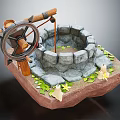 Traditional Garden Ornament Featuring Stone Well Wooden Wheel Rope Green Leaves And Yellow Flowers