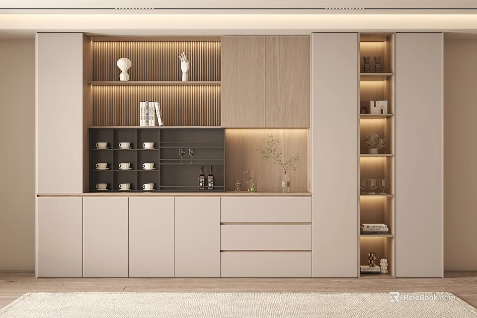 Modern Built in Wine Cabinet With Wooden Shelves Lighting And Decorative Items 3d model 