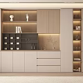 Modern Built in Wine Cabinet With Wooden Shelves Lighting And Decorative Items