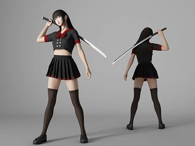 Woman Wearing Red Black School Uniform Black Thigh High Socks Holding Sword Front Back Views 3d model