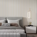 Contemporary Bedroom Interior With Striped Headboard Wall Gray Bed Pillows Nightstands Hanging Lamps And Bench