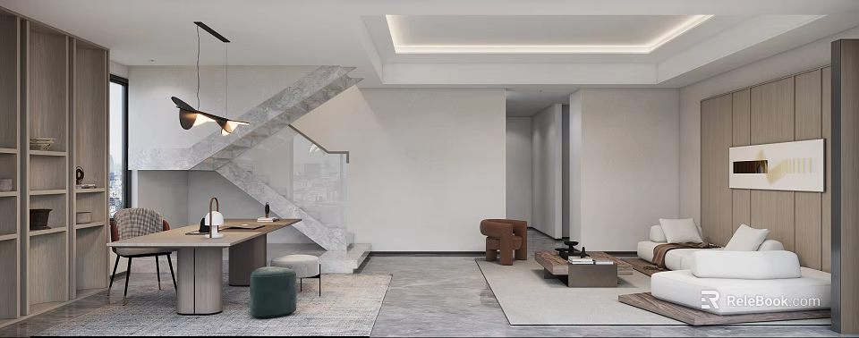 Modern Living Room Interior With Staircase Neutral Tones And Open Layout 3d model 