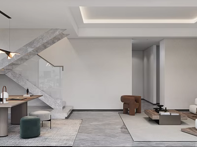Modern Living Room Interior With Staircase Neutral Tones And Open Layout 3d model