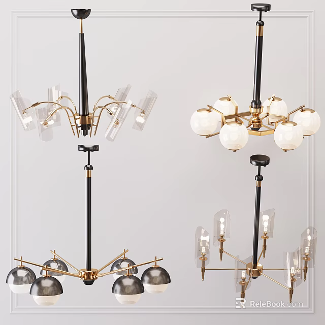 Modern Chandelier Designs With Black Brass Frame Glass Shades And Spherical Light Fixtures 3d model 