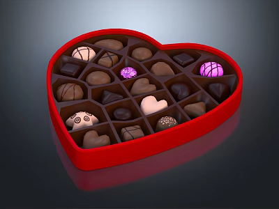 Heart Shaped Box Filled With Assorted Delicious Chocolates Of Different Shapes 3d model