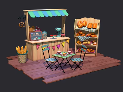 Small Wooden Bakery Stall with Green Blue Awning Assorted Bread Shelves and Outdoor Table Chairs 3d model