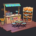Small Wooden Bakery Stall with Green Blue Awning Assorted Bread Shelves and Outdoor Table Chairs