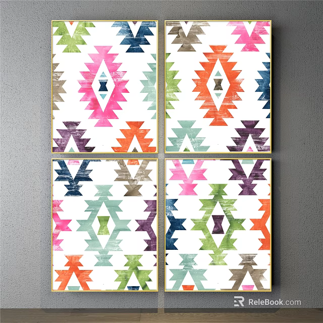 Colorful Geometric Pattern Decorative Paintings With Gold Frame Wall Art Four Panels 3d model 