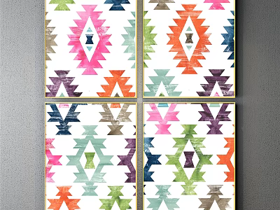 Colorful Geometric Pattern Decorative Paintings With Gold Frame Wall Art Four Panels 3d model