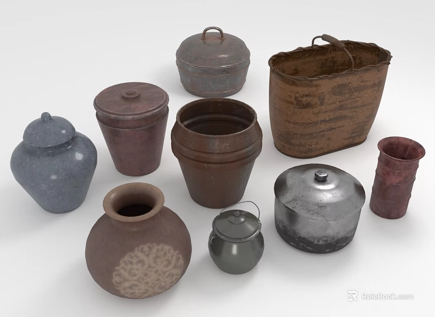 Ceramic Vessels in Various Sizes Shapes with Lidded Designs and Decorative Patterns 3d model 