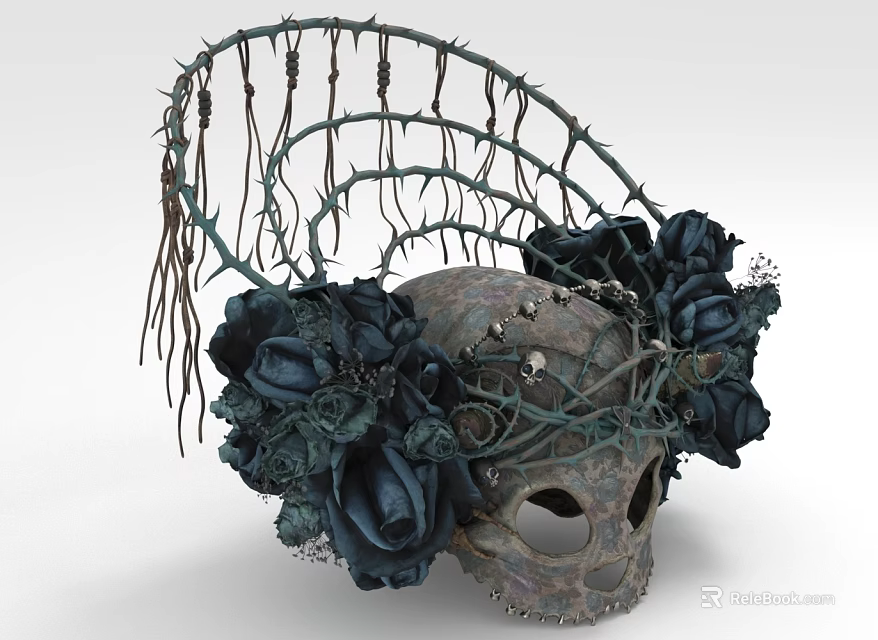 Gothic Themed Furniture Piece Featuring Thorny Frame Black Roses And Skull Decoration 3d model 