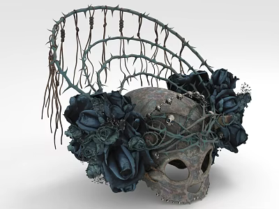 Gothic Themed Furniture Piece Featuring Thorny Frame Black Roses And Skull Decoration 3d model