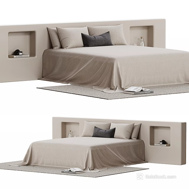 Modern Double Bed Interior With Light Colored Bedding Bedside Niches And Decorative Rug 3d model