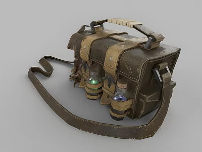 Vintage Leather Shoulder Bag With Adjustable Strap Decorative Metal Buckles And Small Glass Bottles 3d model