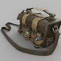 Vintage Leather Shoulder Bag With Adjustable Strap Decorative Metal Buckles And Small Glass Bottles