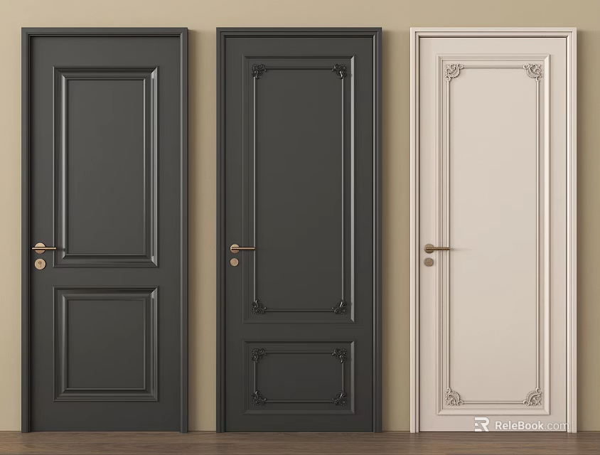 Dark Gray and Cream White Flush Doors with Decorative Panels and Brass Handles 3d model 