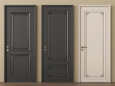 Dark Gray and Cream White Flush Doors with Decorative Panels and Brass Handles 3d model