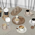 Various Coffee Beverages In Different Cups With Macarons On Tabletop Trays 3d model