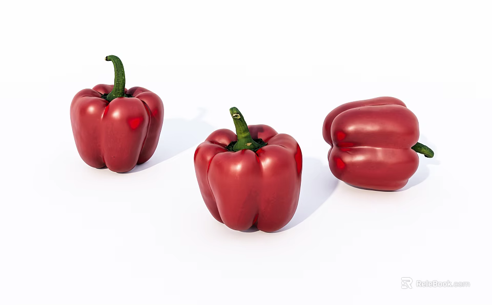 Vibrant Fresh Red Bell Peppers Three Ripe Vegetables On White Background 3d model 