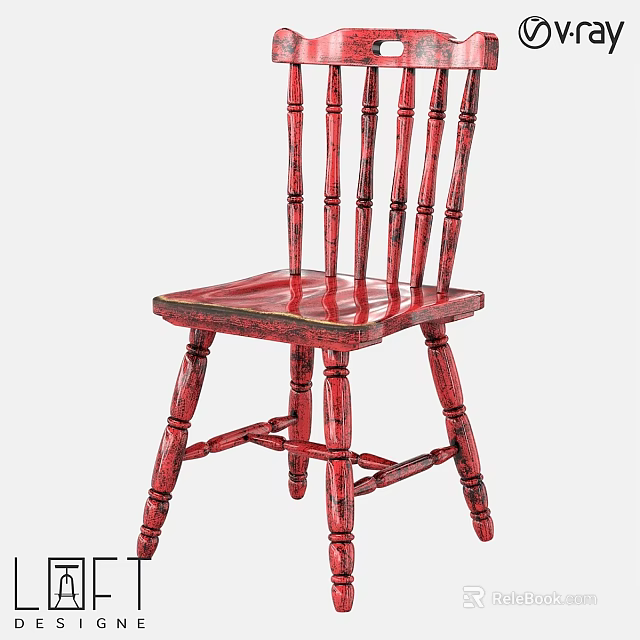 Red Wooden Chair With Spindle Back And Rustic Painted Finish Design 3d model 