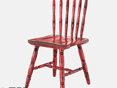 Red Wooden Chair With Spindle Back And Rustic Painted Finish Design 3d model