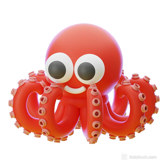 Red Cartoon Octopus with Big Eyes Smiling Face and Tentacles with Suckers 3d model 